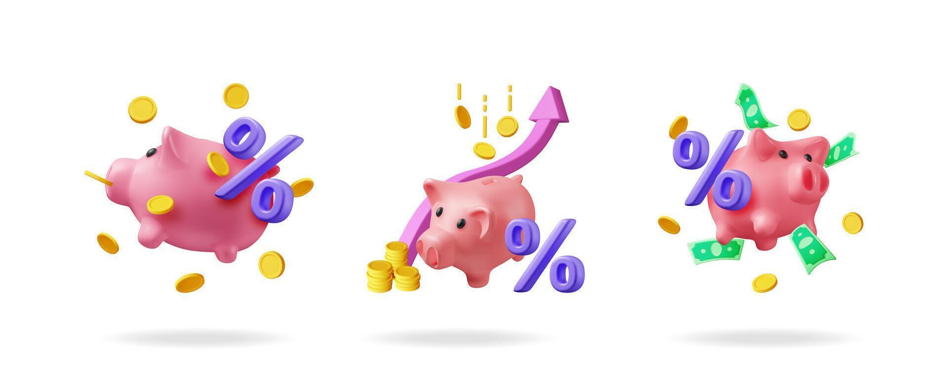 3d stock illustration set collection with piggy bank, coins, percentage sign, money and arrow showing growth. vector