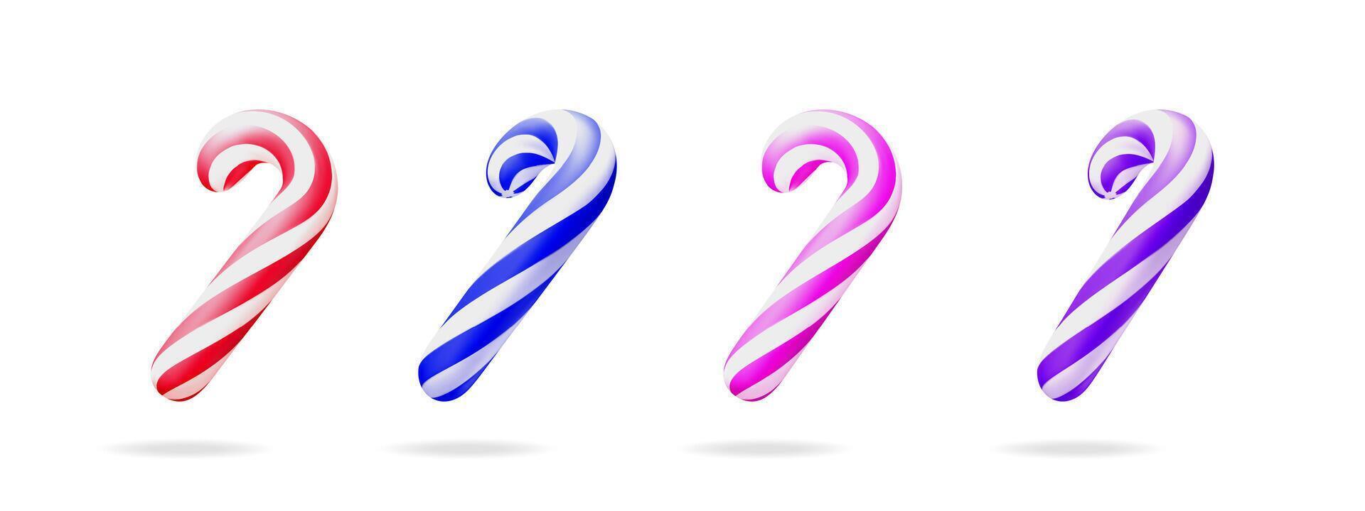 Colorful striped candy cane 3d illustration set icon. Sweet Christmas and New Year holiday tradition, sugary dessert. vector