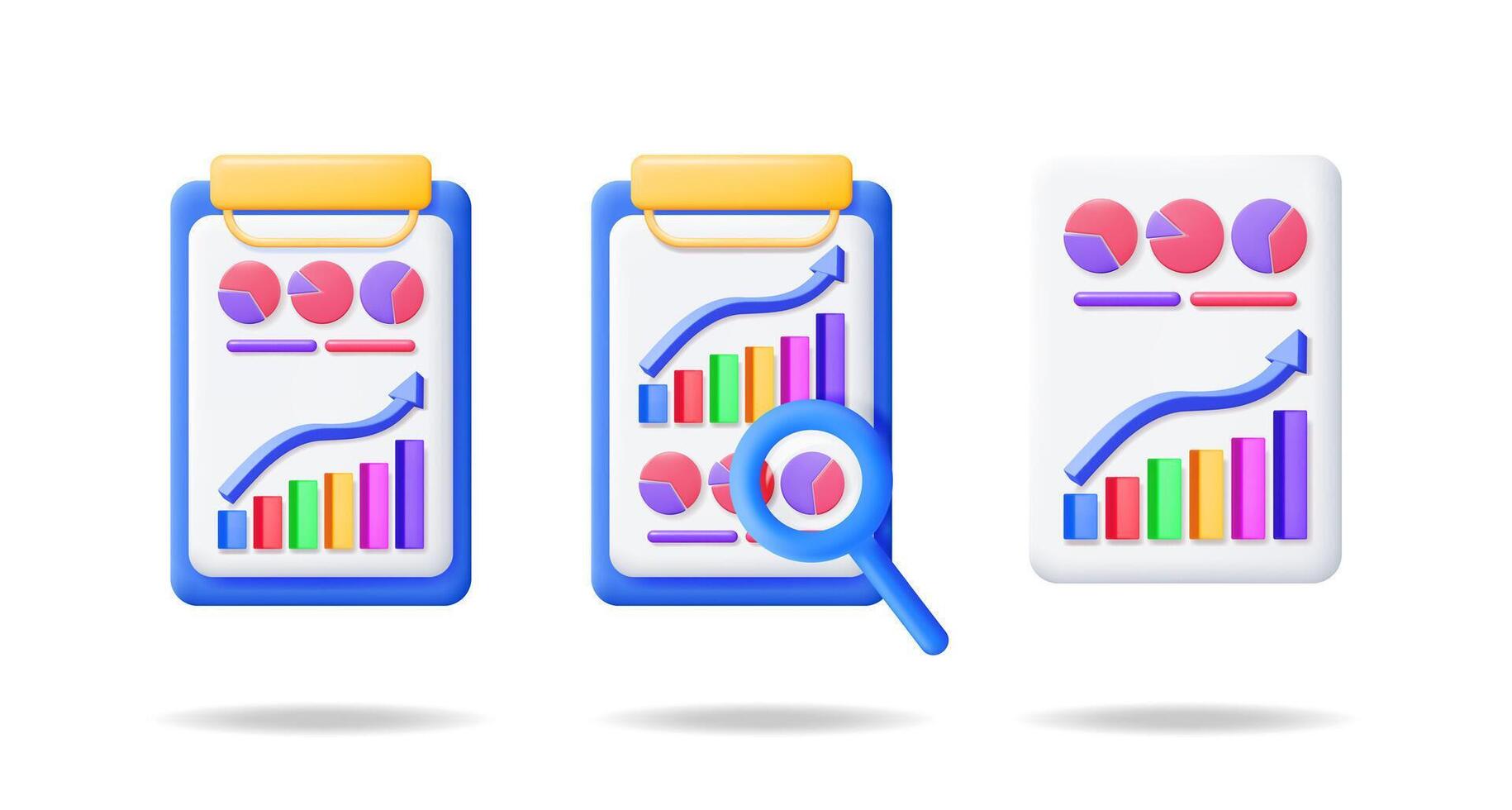 3d illustration set of business report with data analysis graphs, bars, and pie charts. Financial analytics concept for success. vector