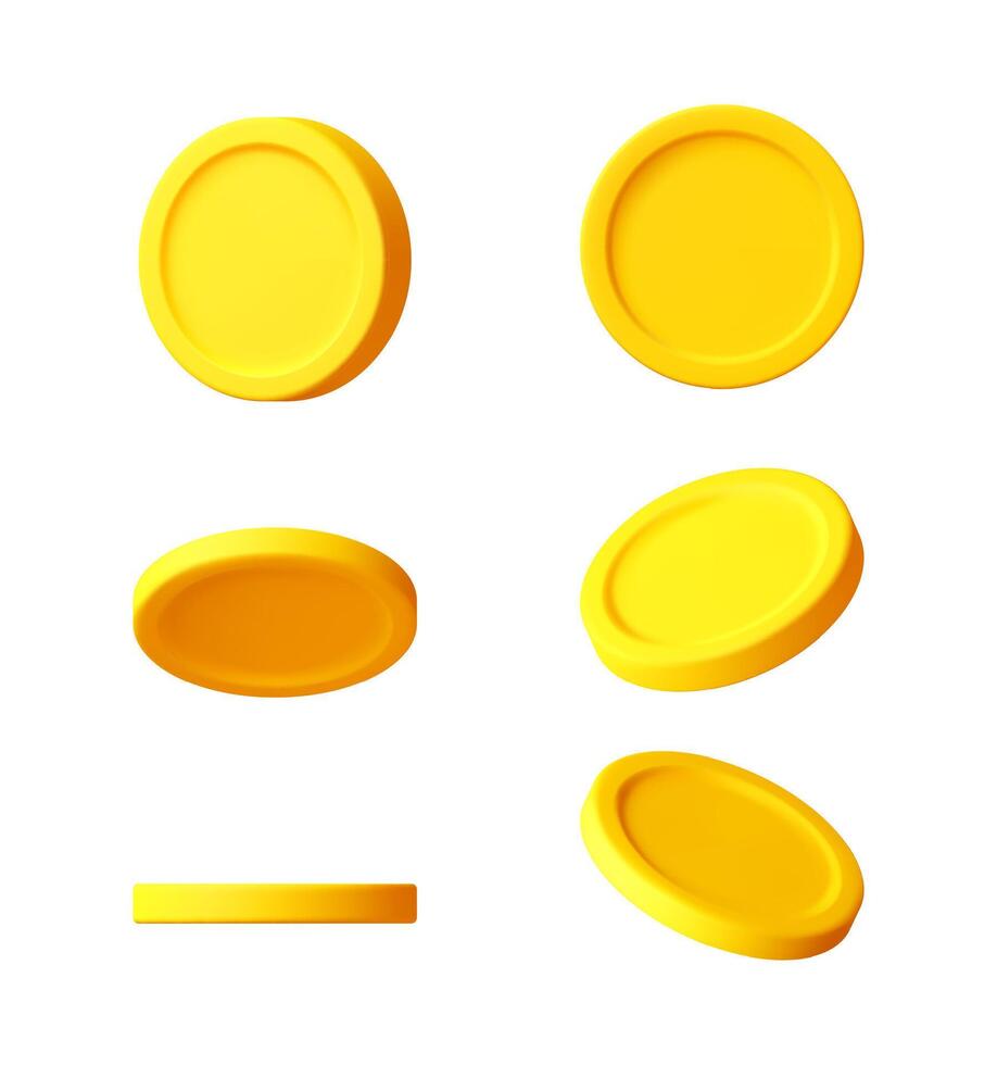 Set of gold blank coin in different angles for currency simulation. 3d illustration for financial asset design. vector
