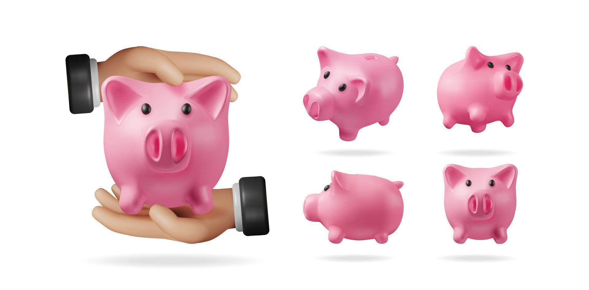 Human hands holding pink piggy bank. Set of isolated 3d piggy bank. Money saving, financial investment, business growth concept. vector
