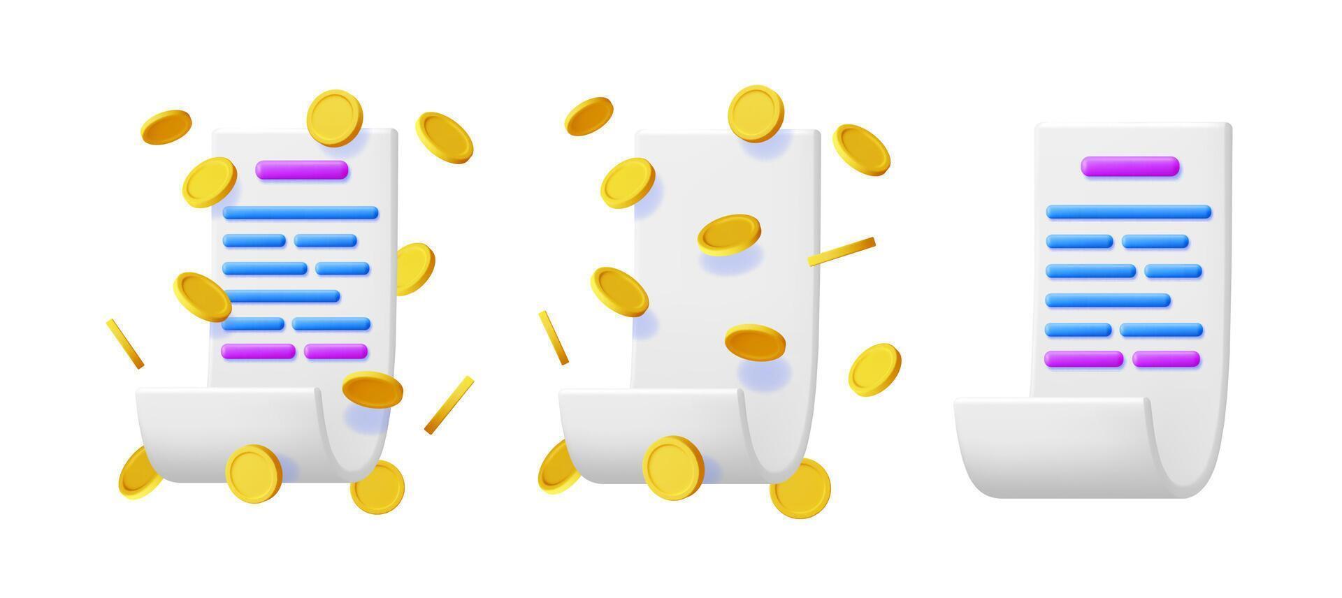 White paper bill or invoice with falling golden coins. Financial transaction concept. Receipt or checklist for business account. Payment for shopping. vector