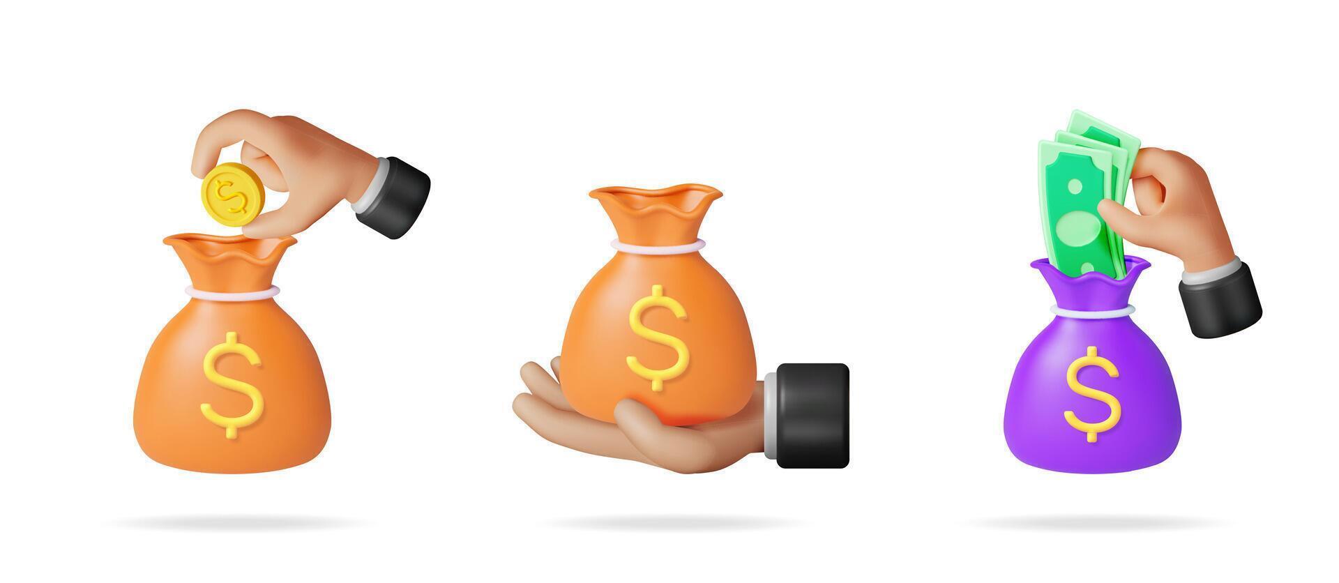 Hand putting coin in money bag, receiving money bag, and putting cash in money bag. Finance income concept. vector