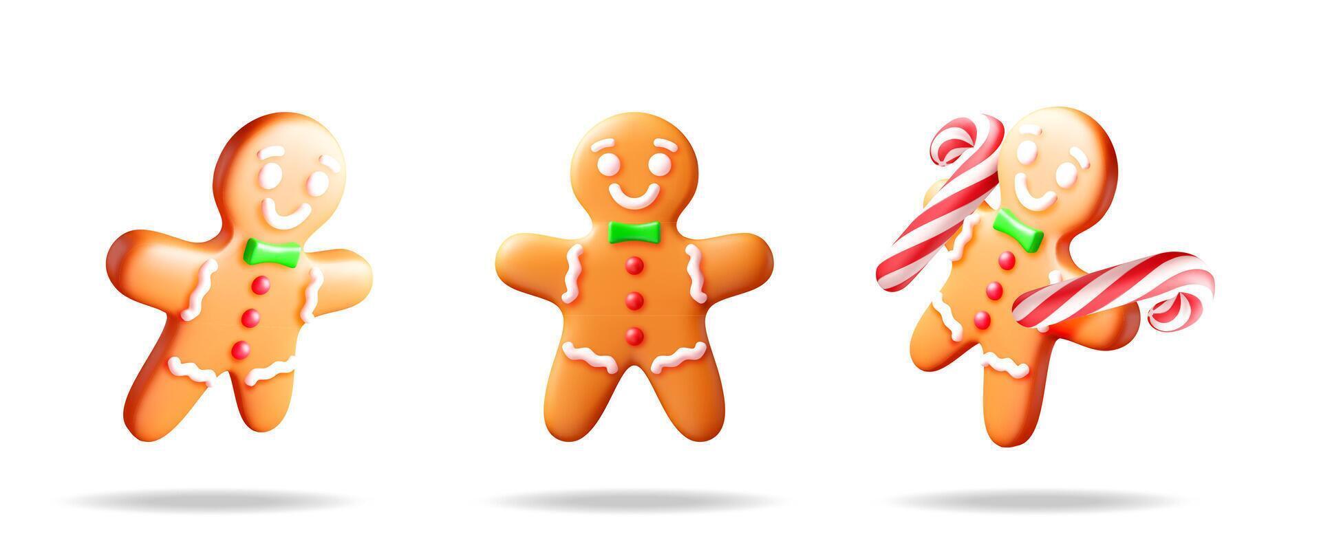 Three orange gingerbread man cookies with white frosting and green bow ties, one holding candy cane. Christmas holiday and winter season dessert. vector
