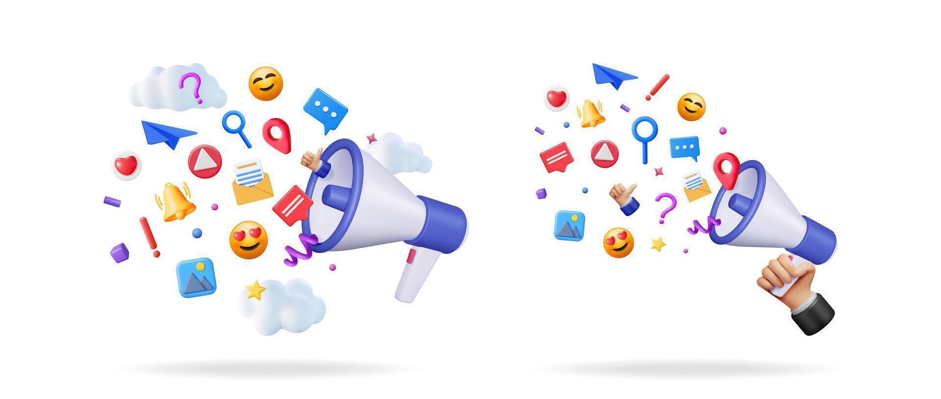 Two 3d render megaphones spreading social media icons and digital marketing symbols. Advertising, promotion, and news concept. vector