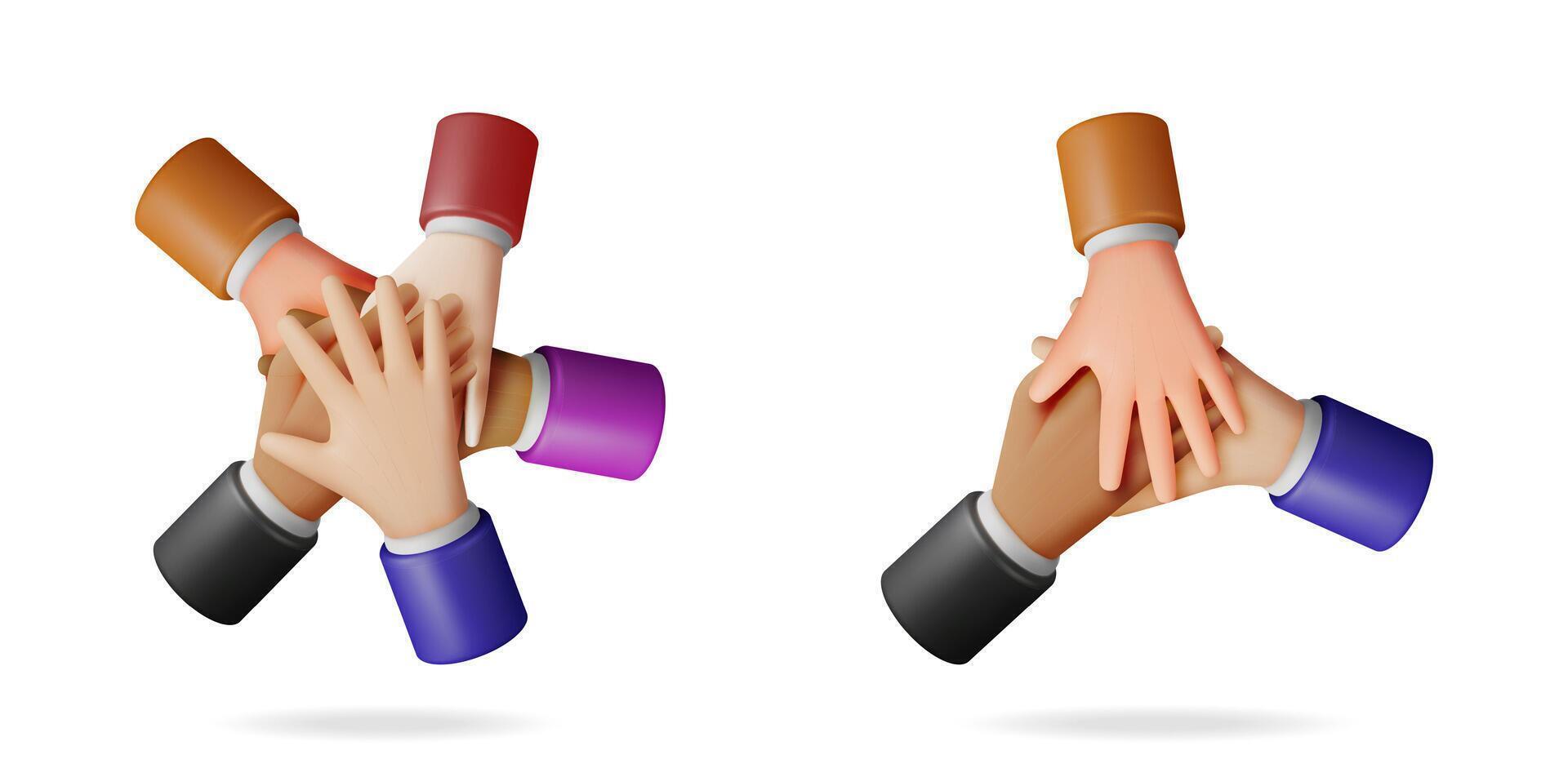 Diverse group of people in 3d joining hands. Concept of teamwork, partnership and success. Unity, collaboration and support graphic for business. vector
