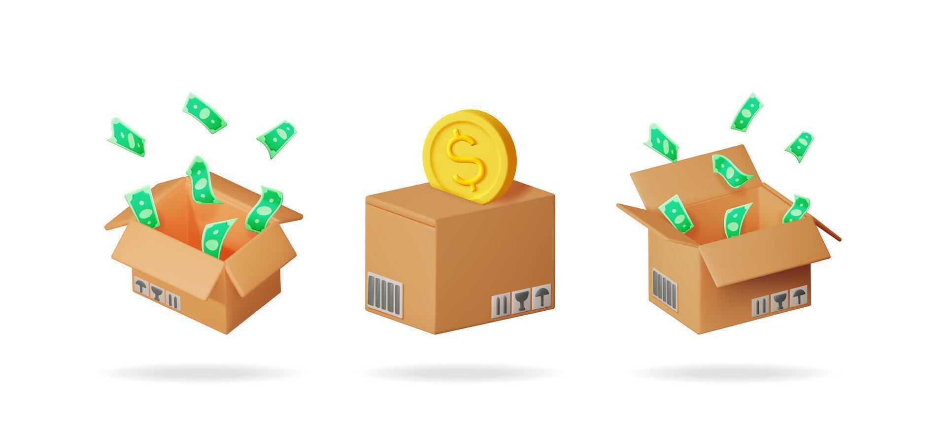 3d illustration of money falling out cardboard box and gold coin on top. Delivery box with finance concept. vector
