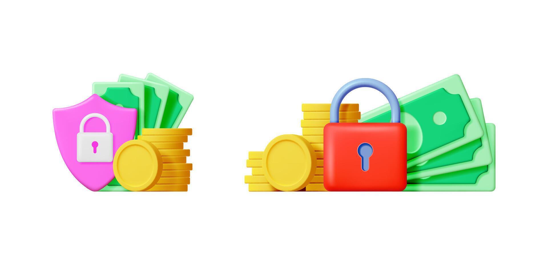 Money protection concept 3d render. A pink shield with a lock, currency bills and coins. Secure banking for financial safety. vector