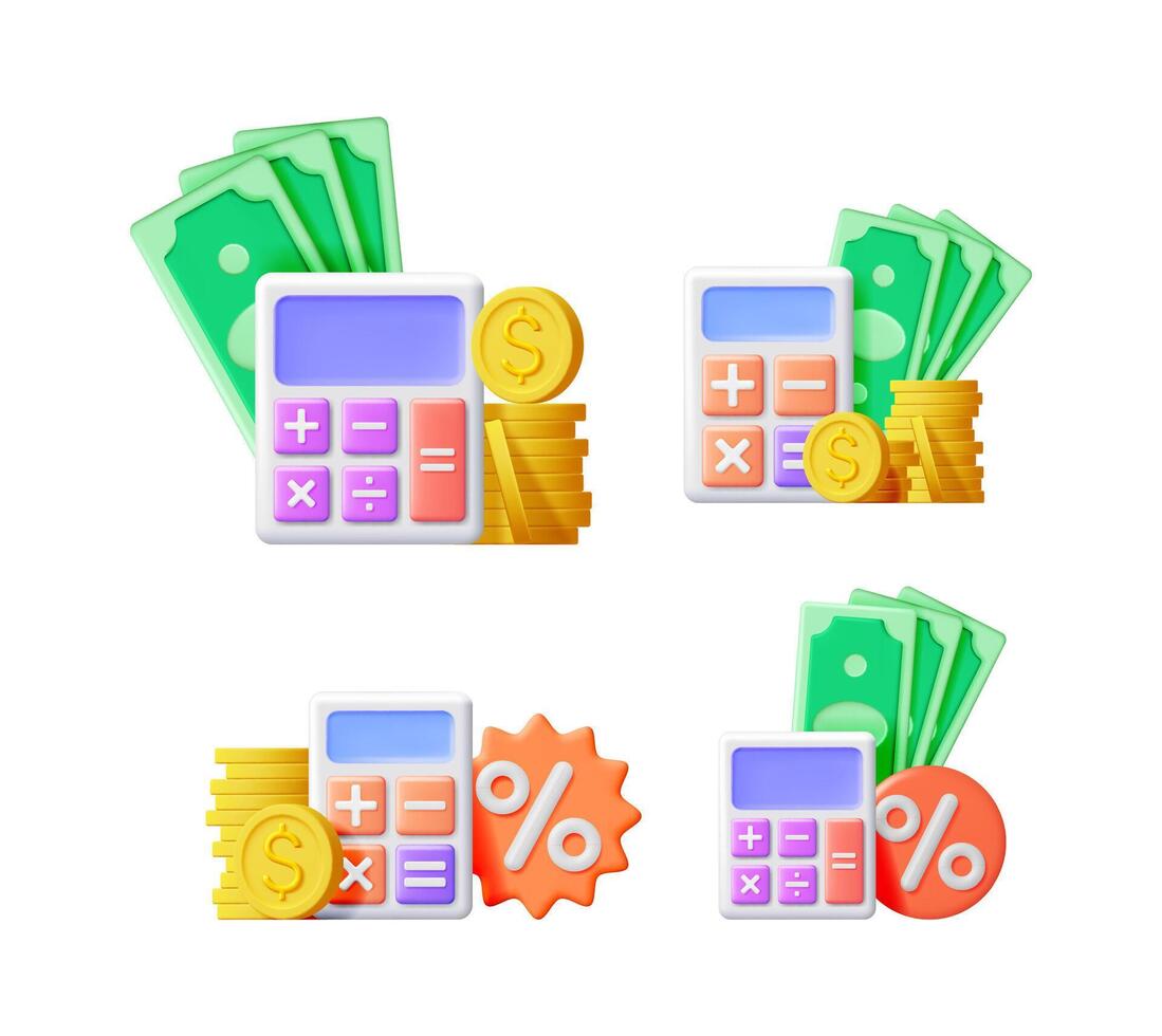 Calculator, dollar banknote, coin set. Accounting calculation, taxes, financial planning. Online payment, digital banking for business app. vector