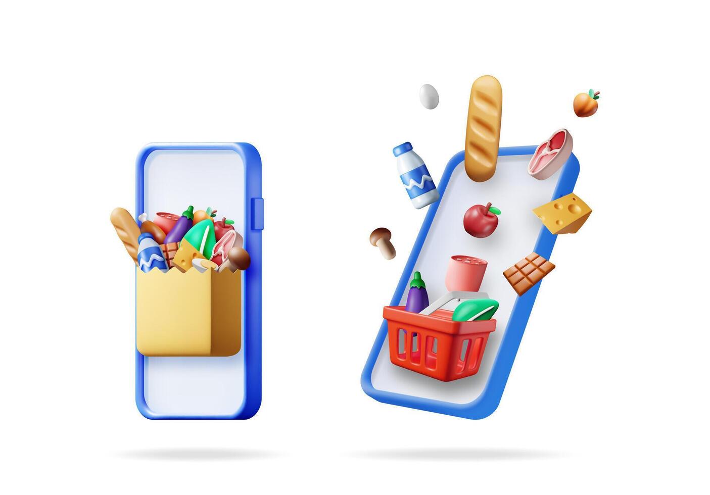 Online grocery delivery service conceptual 3d set collection with smartphone. Food shopping basket and paper bag filled with fresh product. vector