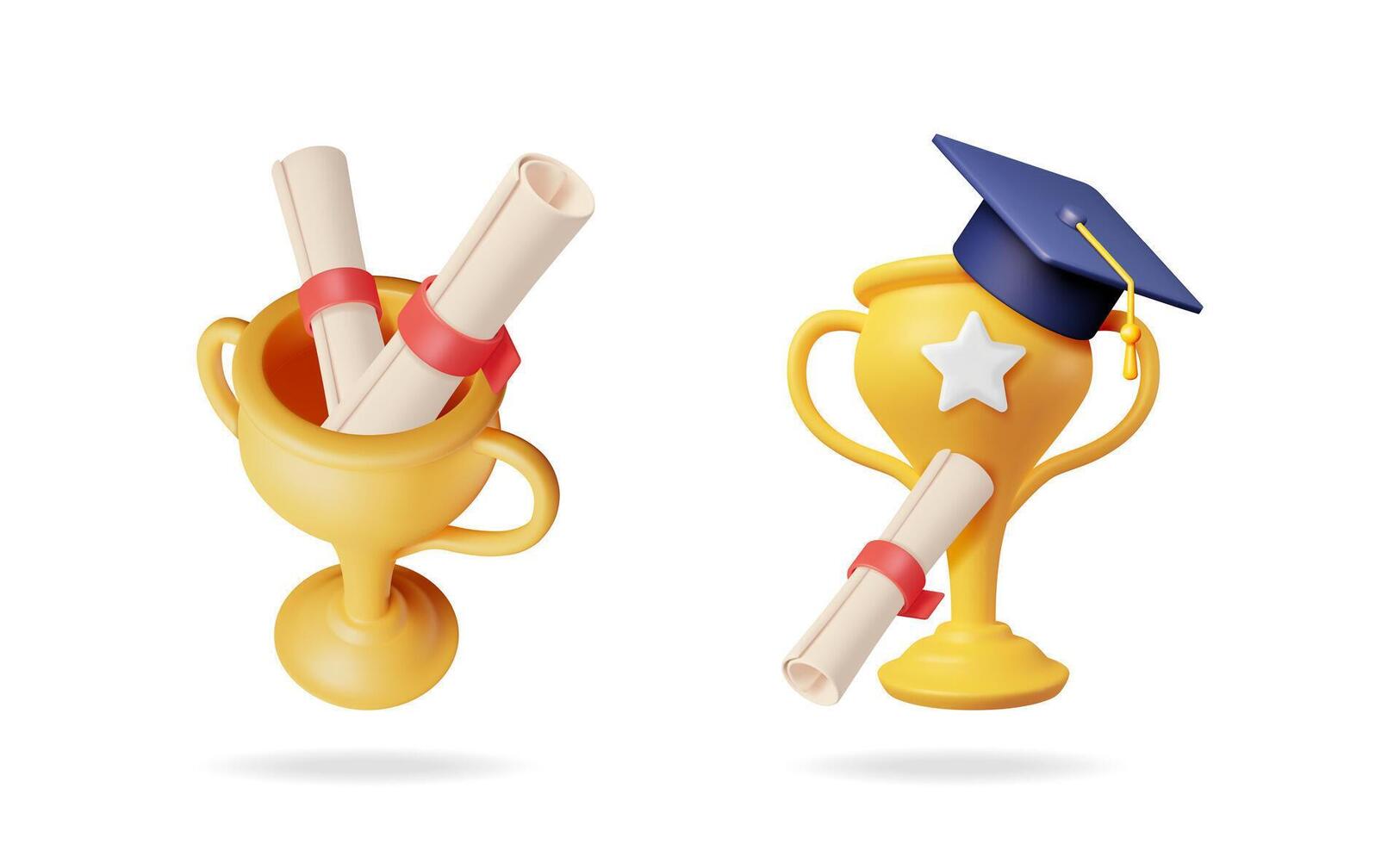 Two golden award cups with diplomas. One trophy with graduation cap for student success. Education achievement cartoon 3d icon for winning concept. vector