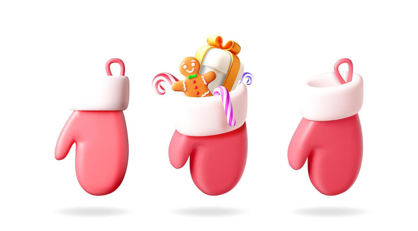 Winter glove set with giftbox, gingerbread man, and candy cane. Merry Christmas holiday decoration 3D illustration concept. vector