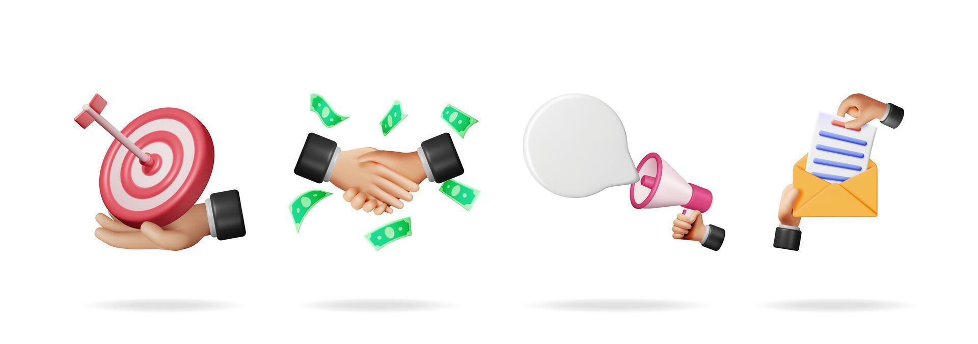 Financial 3d illustration set collection with target, handshake, announcement, and email for business strategy and marketing concept. vector