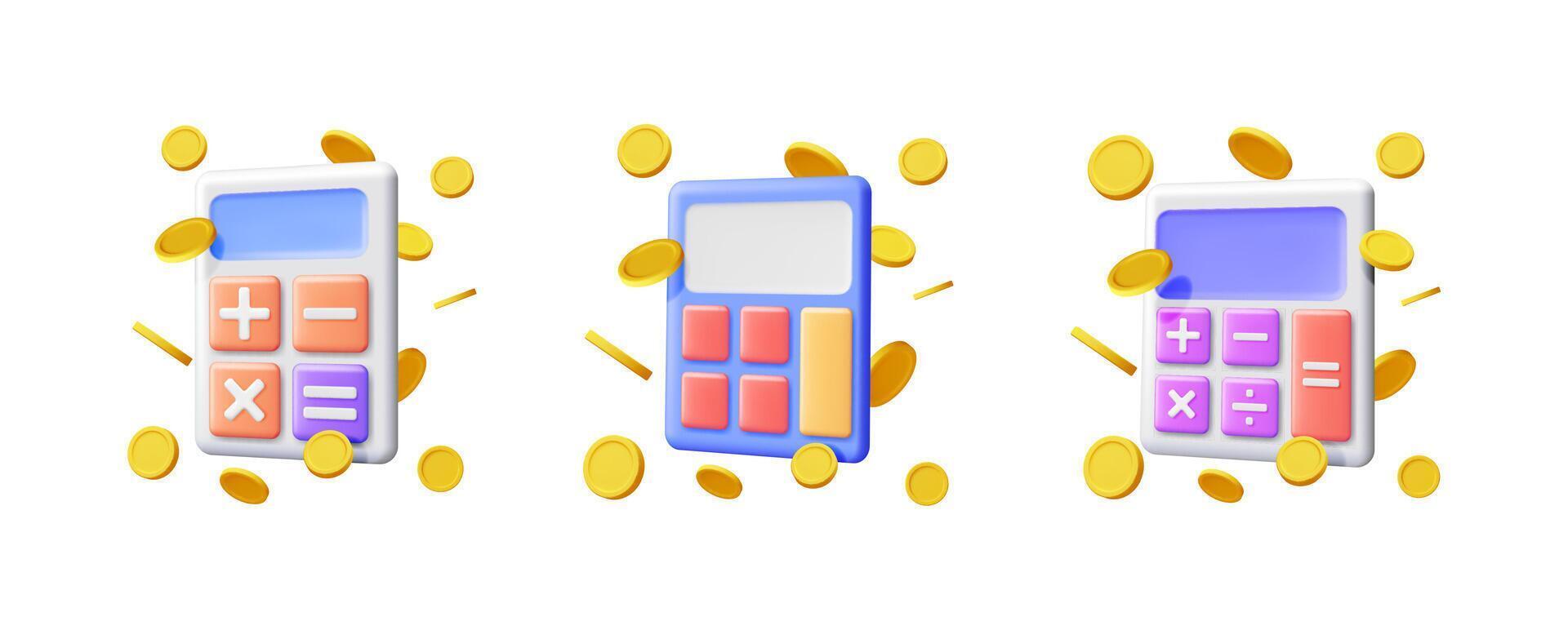 Three 3d calculators with floating gold coins illustration set for accounting, finance, money, audit calculations and investment application. vector