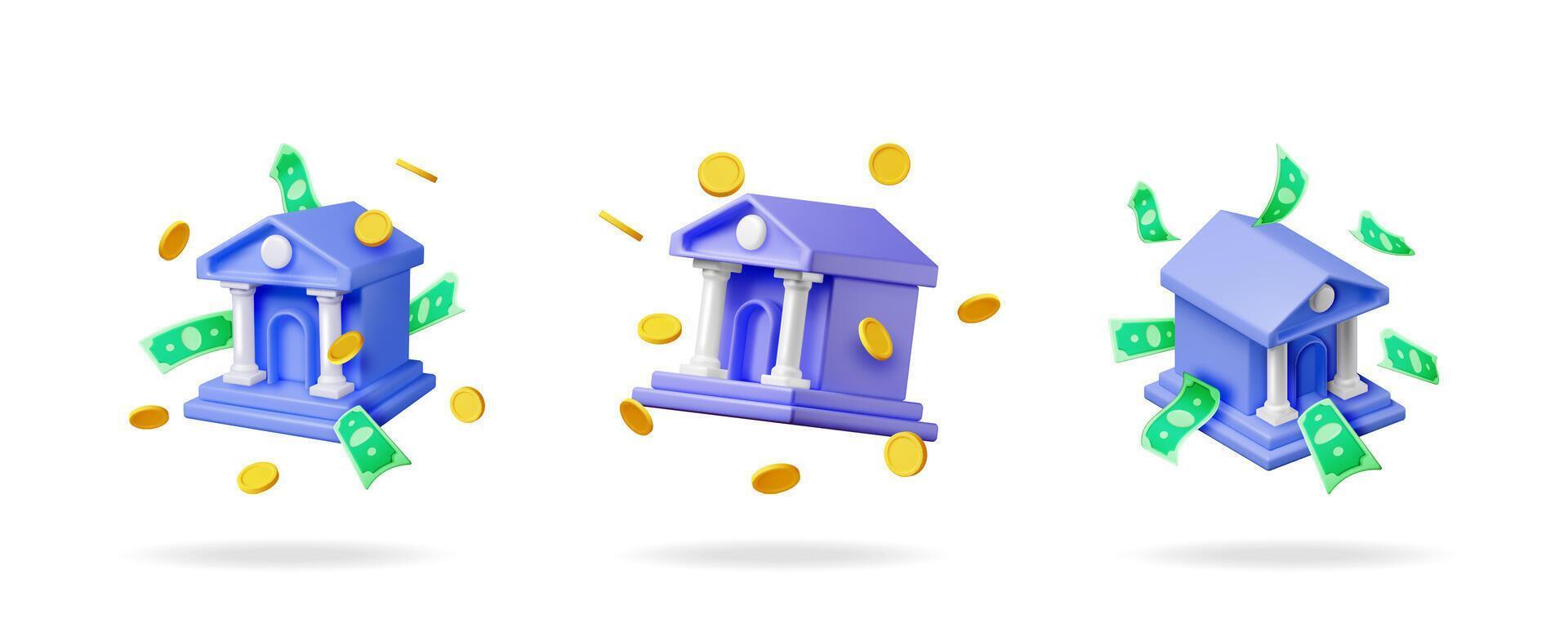 Three 3d stock illustration sets of bank building icons with flying money and coin. Financial investment and deposit concept for business. vector