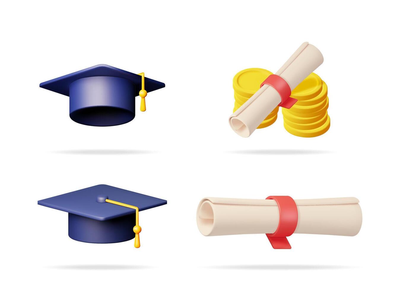 Set of 3d illustrations depicts graduation cap, diploma, and coin. Academic success and financial stability concept for educational content. vector
