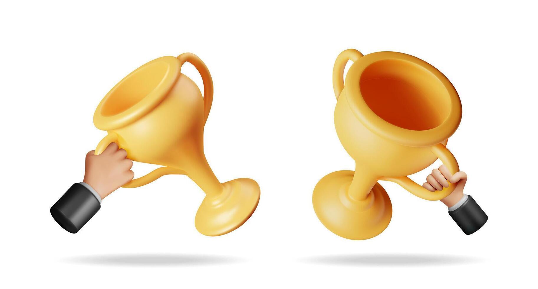 Man's hand holding a golden trophy. Reward for victory and achievement. Challenge and success. 3d illustration. vector