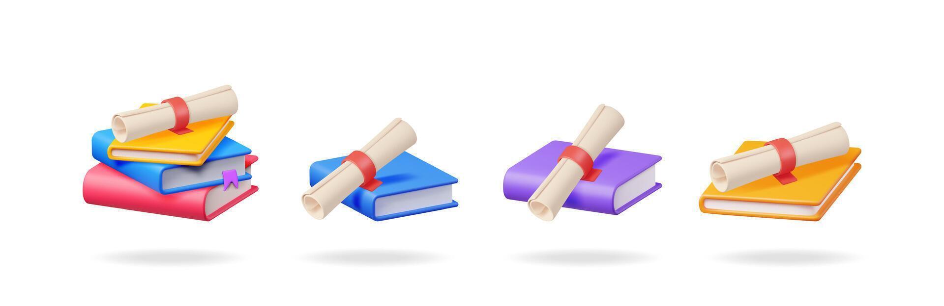Colorful 3d books with diploma scroll and bookmark illustration. Education, learning, and academic achievement concept for student success. vector