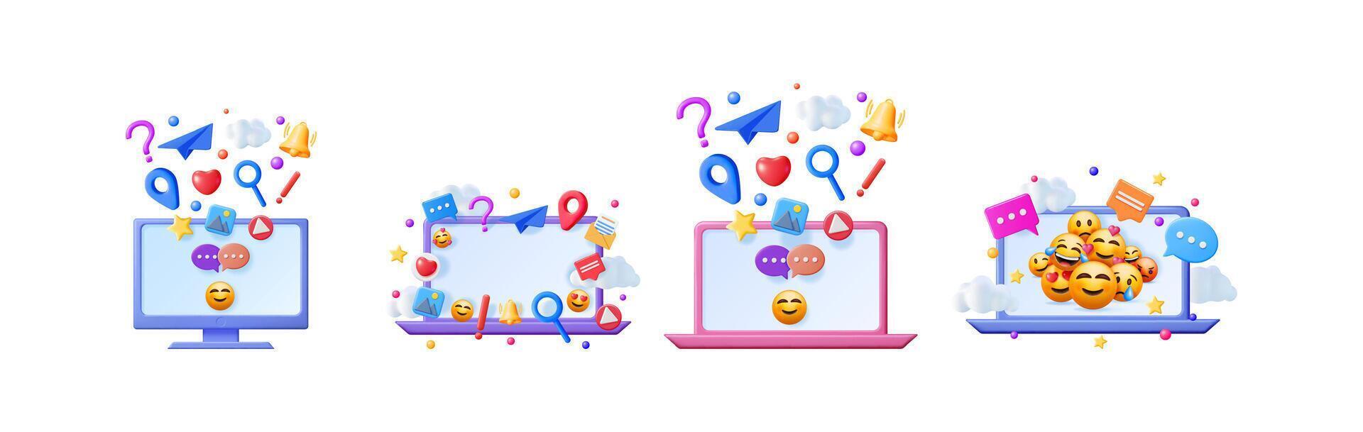 Set of 3d illustrations of social media icons on computer and smartphone screens for digital communication and online messaging concept. vector
