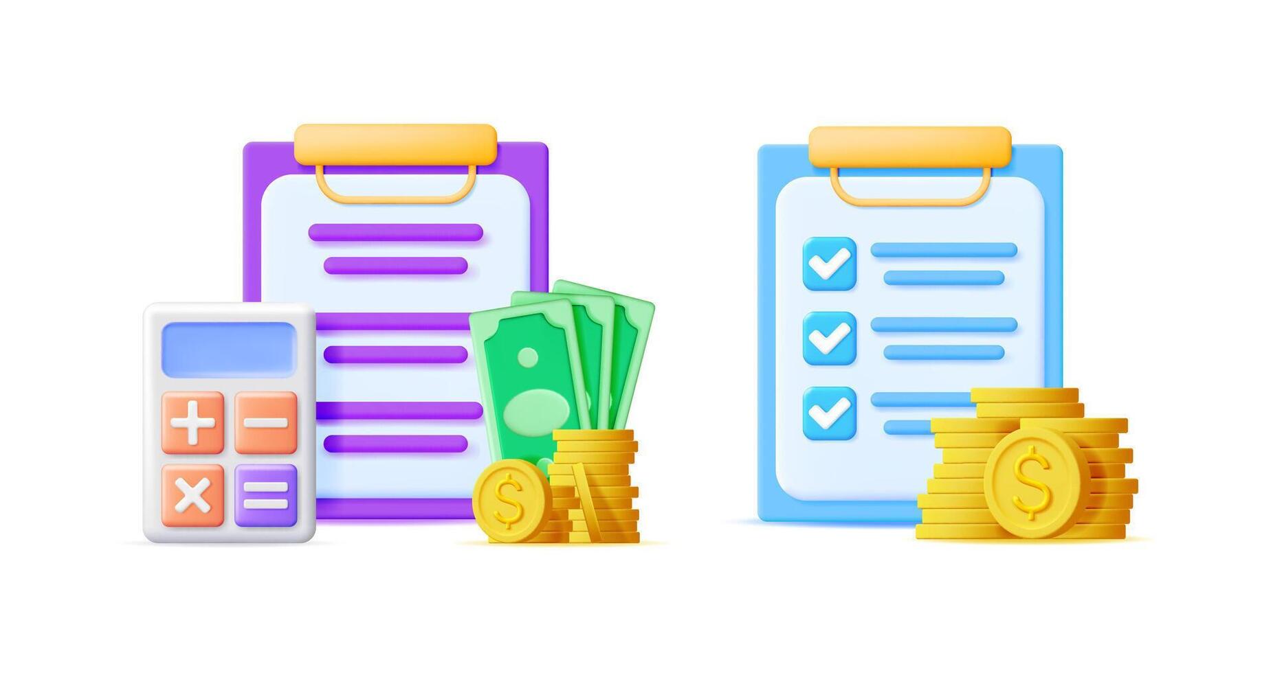 Financial planning and budgeting concept with calculator, money bills, coins, and document checklists. 3d illustration set for accounting and finance. vector
