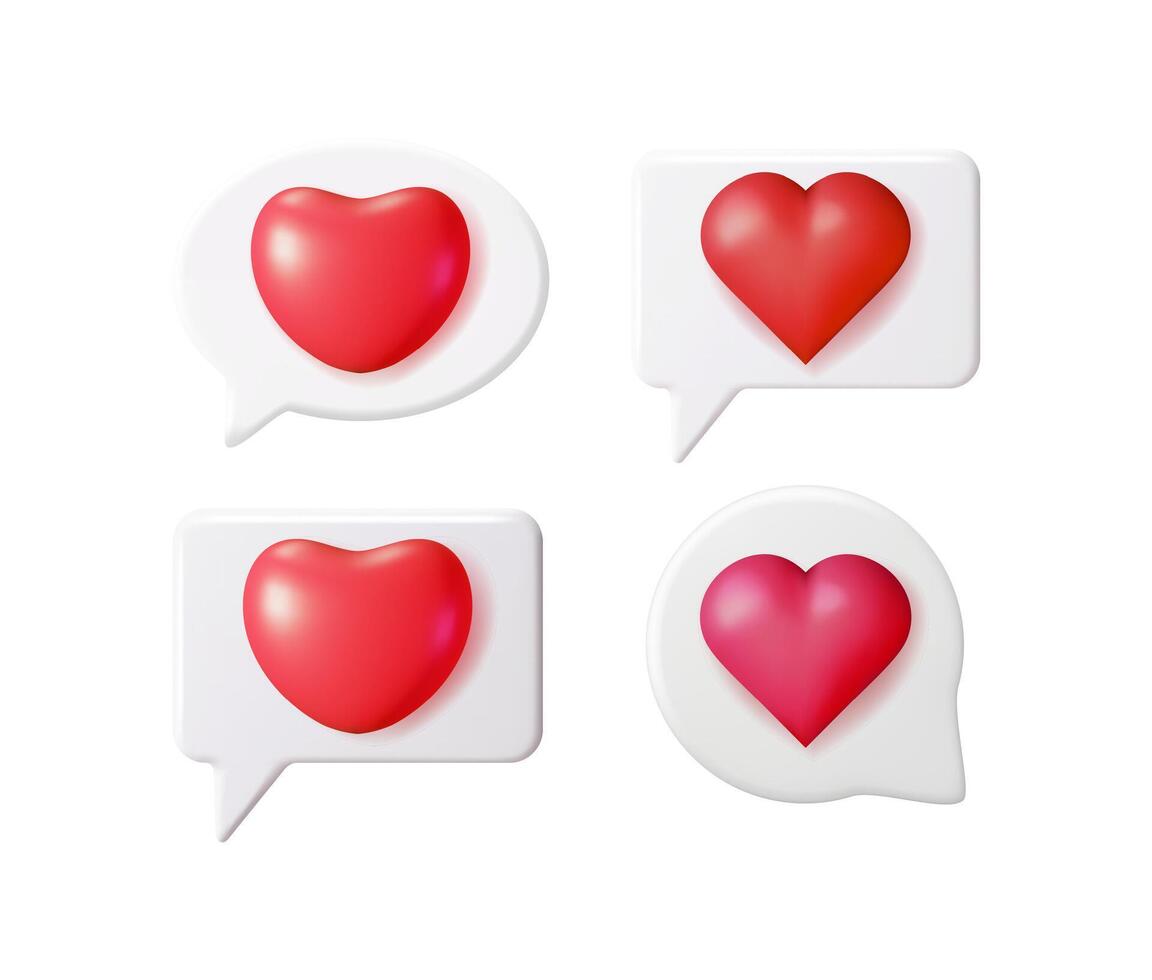Red heart 3d icons in white speech bubbles of various shapes. Love notification symbol for social media, Valentine's Day. vector