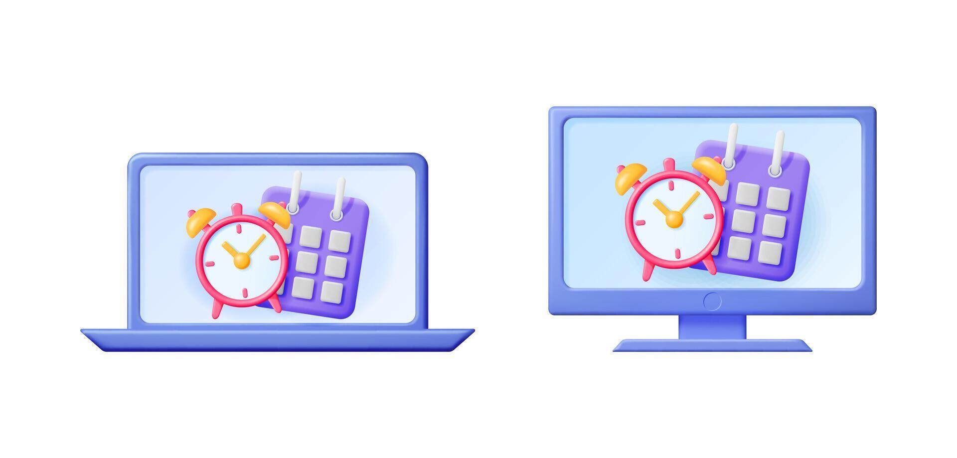 Alarm clock and calendar on laptop and desktop computer screens. Schedule reminder and time management concept. Digital organization. vector