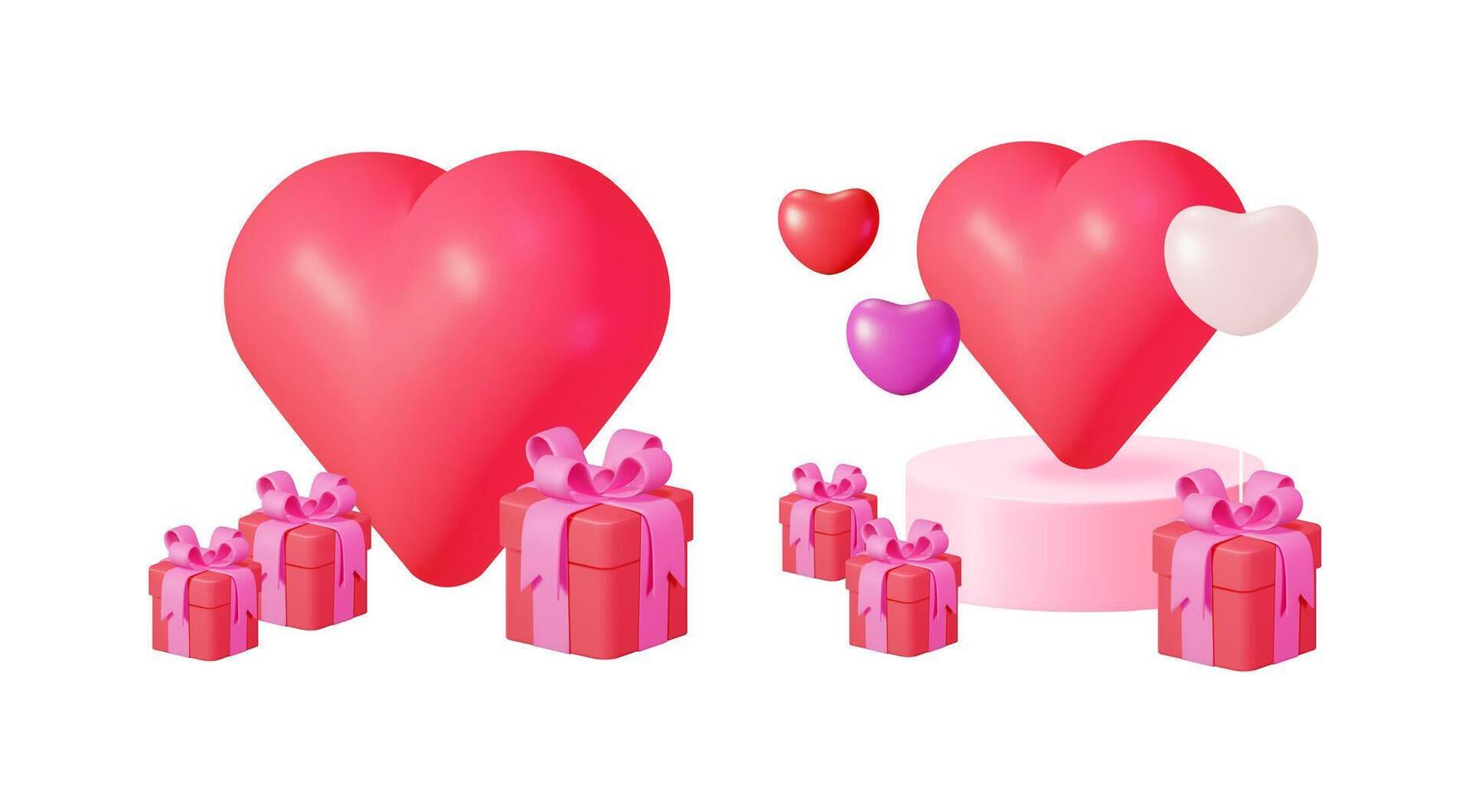 Pink gift boxes and hearts 3d set. Valentine's Day present and love symbol. Sweet surprise for romantic occasion. For holiday greeting card. vector