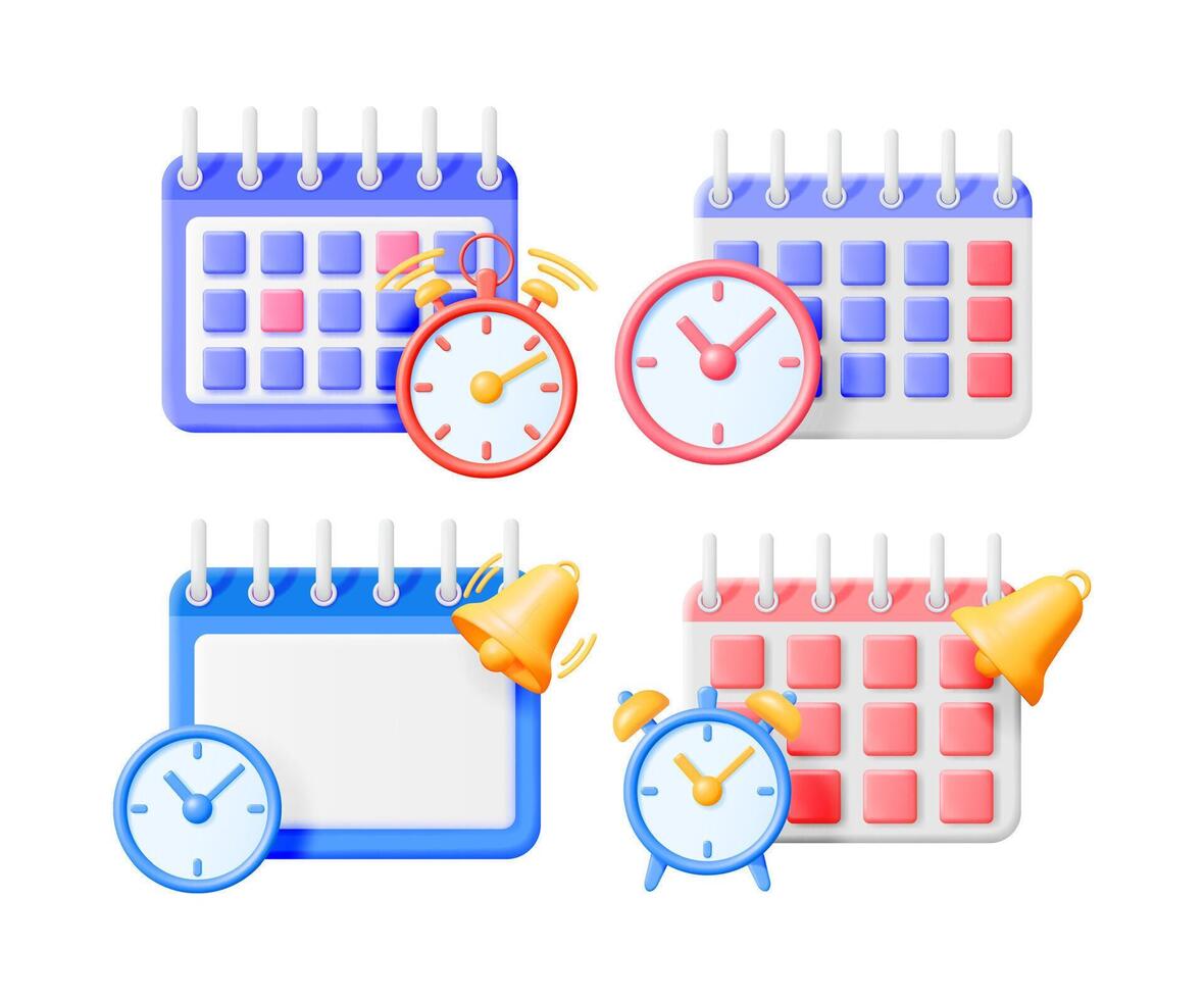 3d illustration set of appointment calendar with various clocks and bells. Schedule, time management concept. vector
