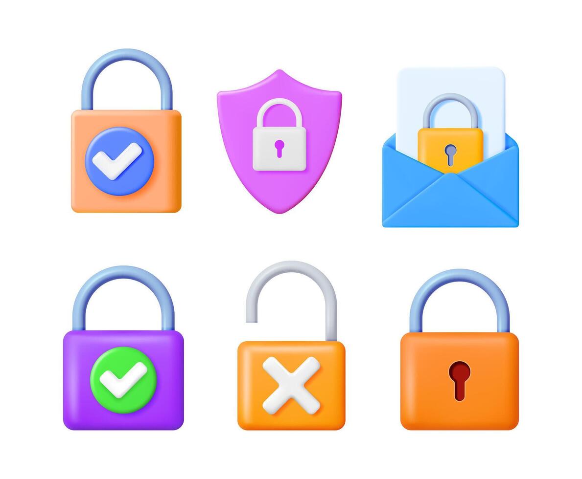 Set of 3d padlock icons for online data security. Cyber privacy and digital protection concept. vector
