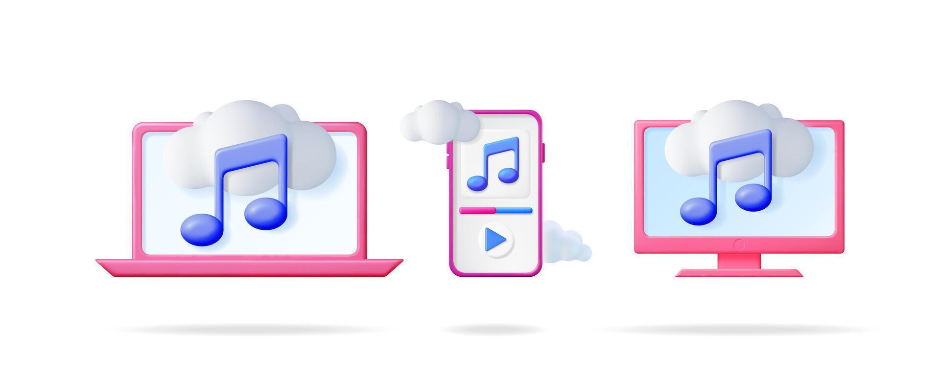 3d illustration set of music cloud storage. Melody note with cloud icon on laptop, phone, and monitor screen. vector