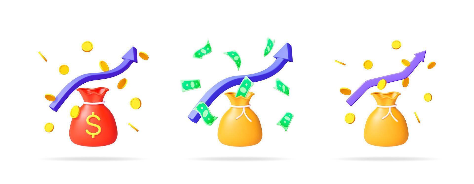 3d illustration set of money bags with finance arrow for currency growth. Financial income investment and business success concept. vector