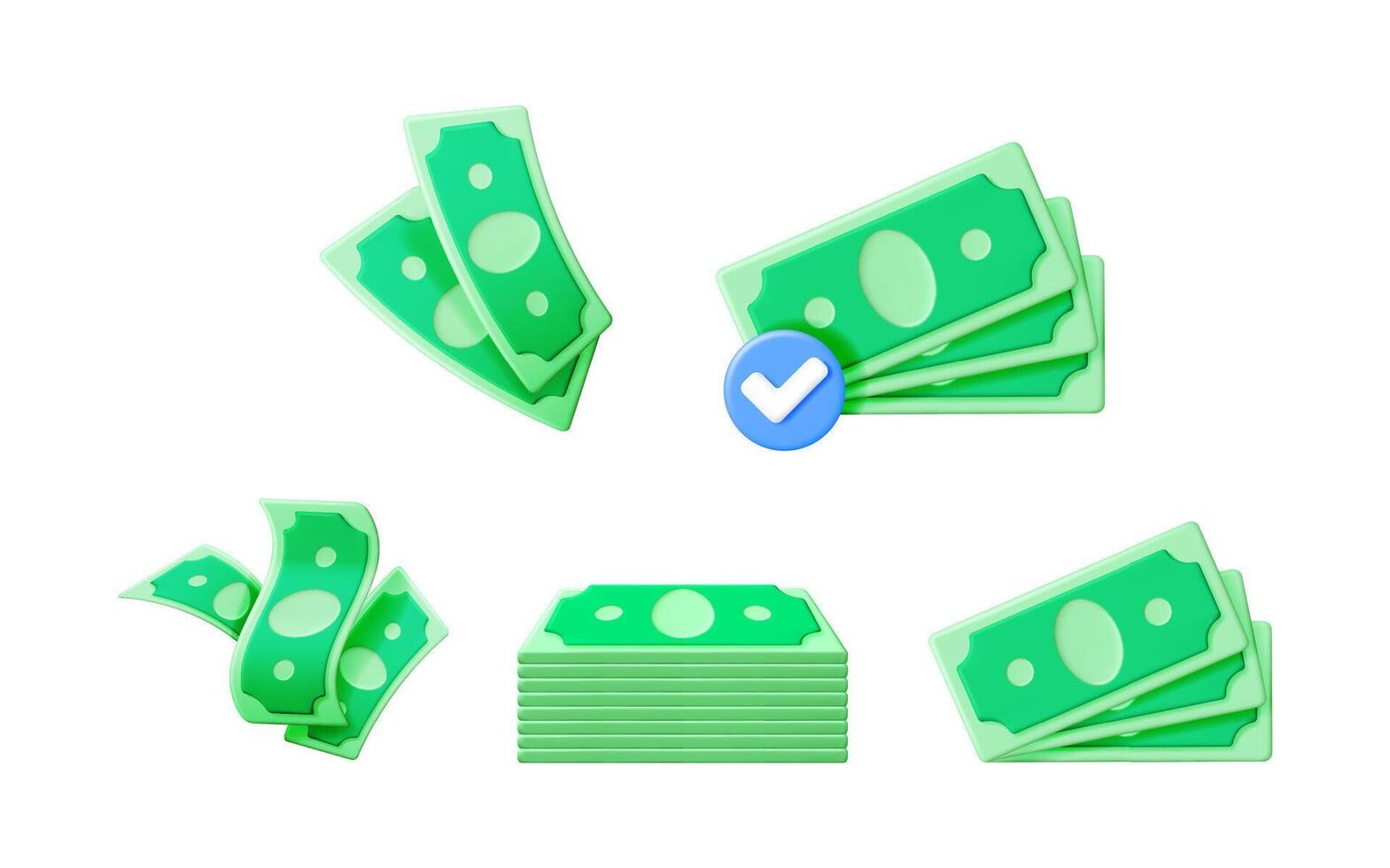 Green dollar bills set with various piles and flying money and a checkmark. Financial transaction and cash payout concept illustration. vector
