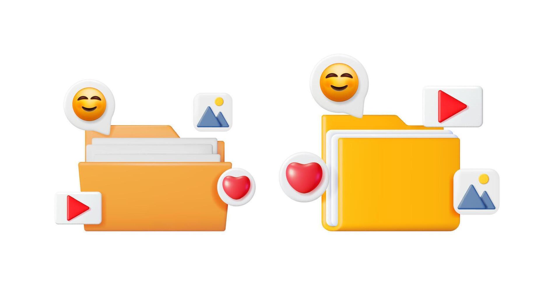 Two 3d folder icons symbolizing organized files and data sharing with multimedia content. Concept of digital storage and social media management. vector