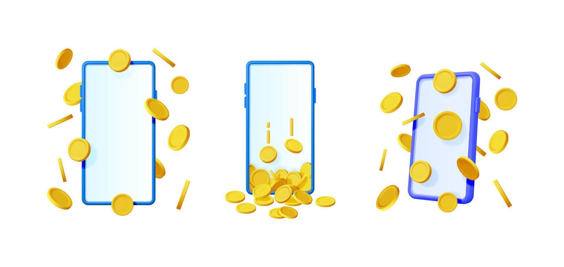 Set of 3d illustrations of smartphone with falling gold coins. Mobile money earning or payment concept for online banking application. vector