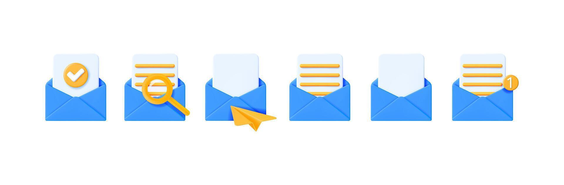 Blue 3D mail envelope icons with different elements like a checkmark, magnifying glass, and paper plane. Email and communication concept. vector