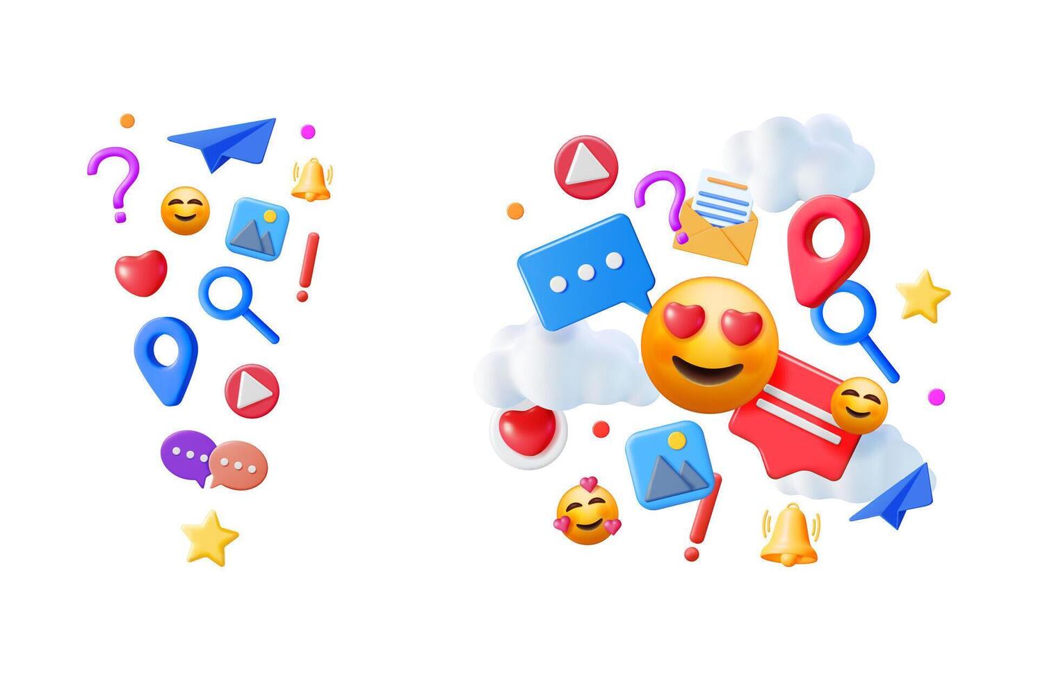 Social media notification icons and emojis floating on white background. Digital message and internet communication platform concept. vector