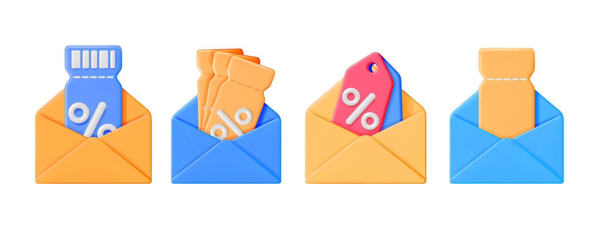 Envelopes delivering various discount coupon tickets and tags. Retail promotions and online shopping. Cyber monday. Special offers. vector