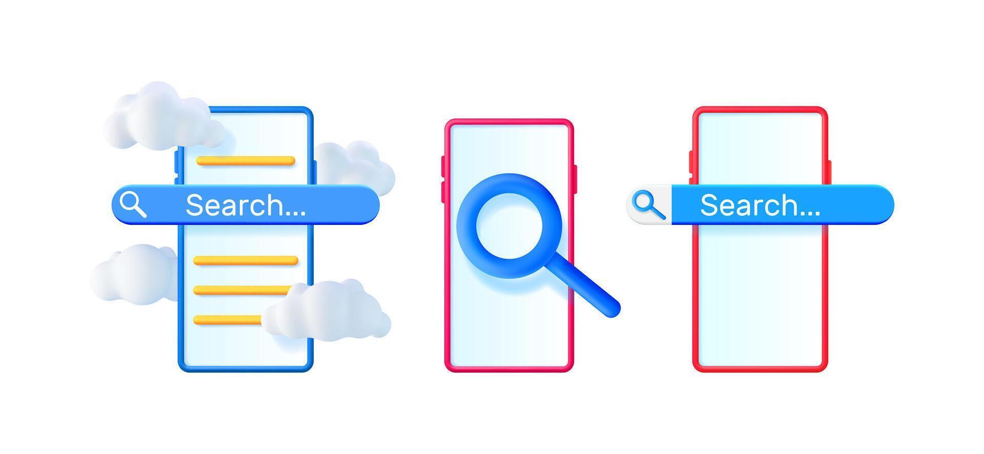 Three smartphone search bars in 3d format, featuring cloud storage and online web searching concepts for app design. vector