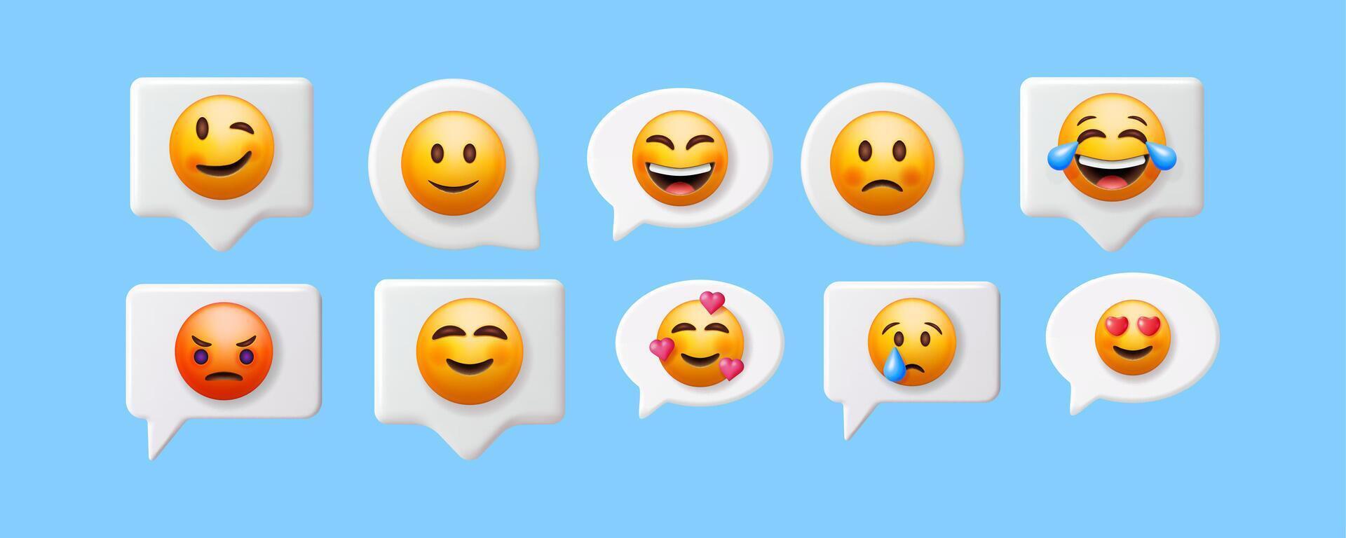 Group of 3d chat bubbles with various emoticon expressions. Reaction icon set for social media application or website. vector