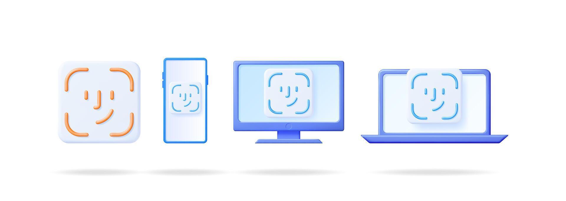 Face recognition user interface icon for smartphone, computer monitor, and laptop. Biometric authentication for digital security. vector