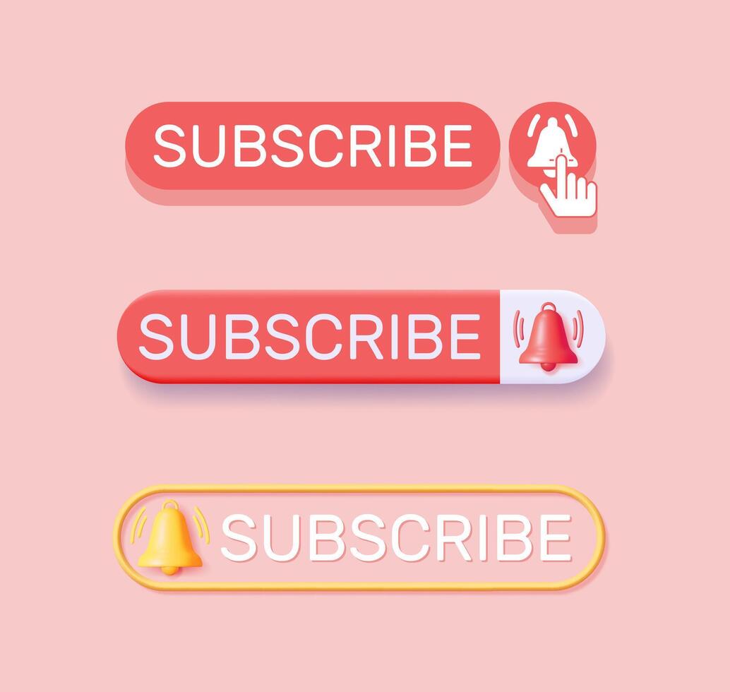 Set of 3d subscribe button illustrations with bell icon. Call to action button design for social media, website, and streaming platform. vector