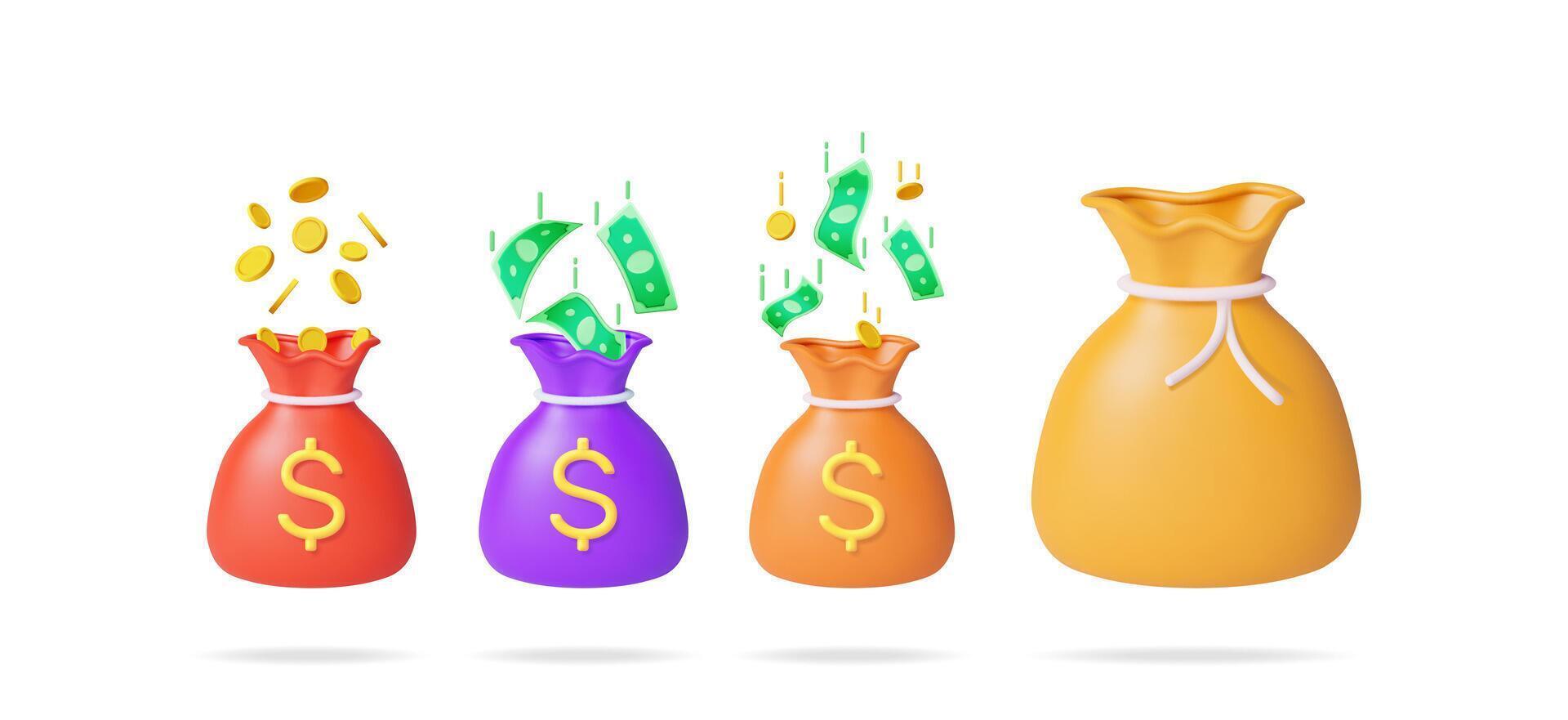 Various stylized money bags, some with dollar bills and coins falling into them. Financial success and wealth accumulation concept. vector