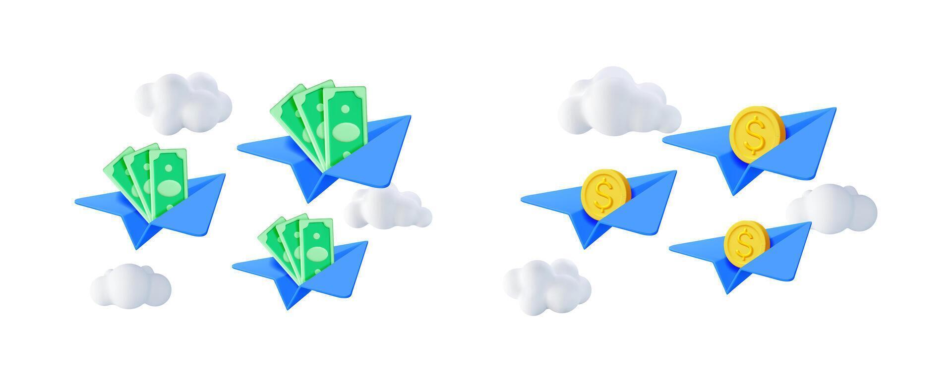 Paper planes carrying dollar bills and coins. Financial transaction via air. Global money transfer and fund delivery. vector