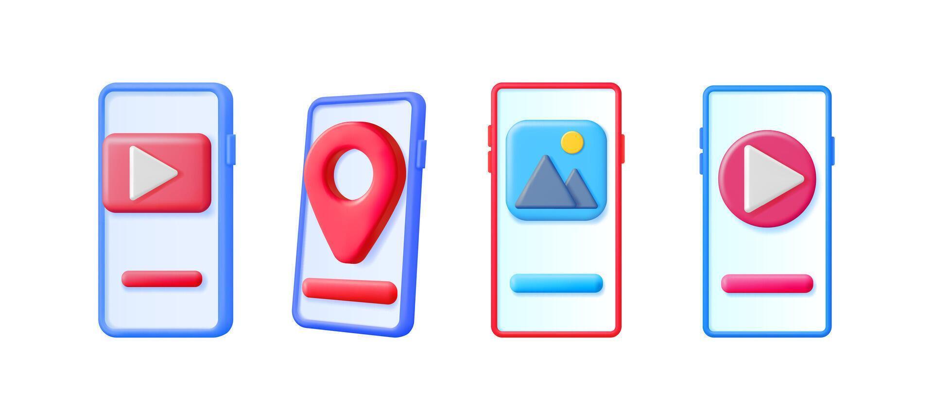 Digital smartphone screens displaying various app icons like player, location pin, and image gallery. Modern mobile technology for multimedia and navigation. vector