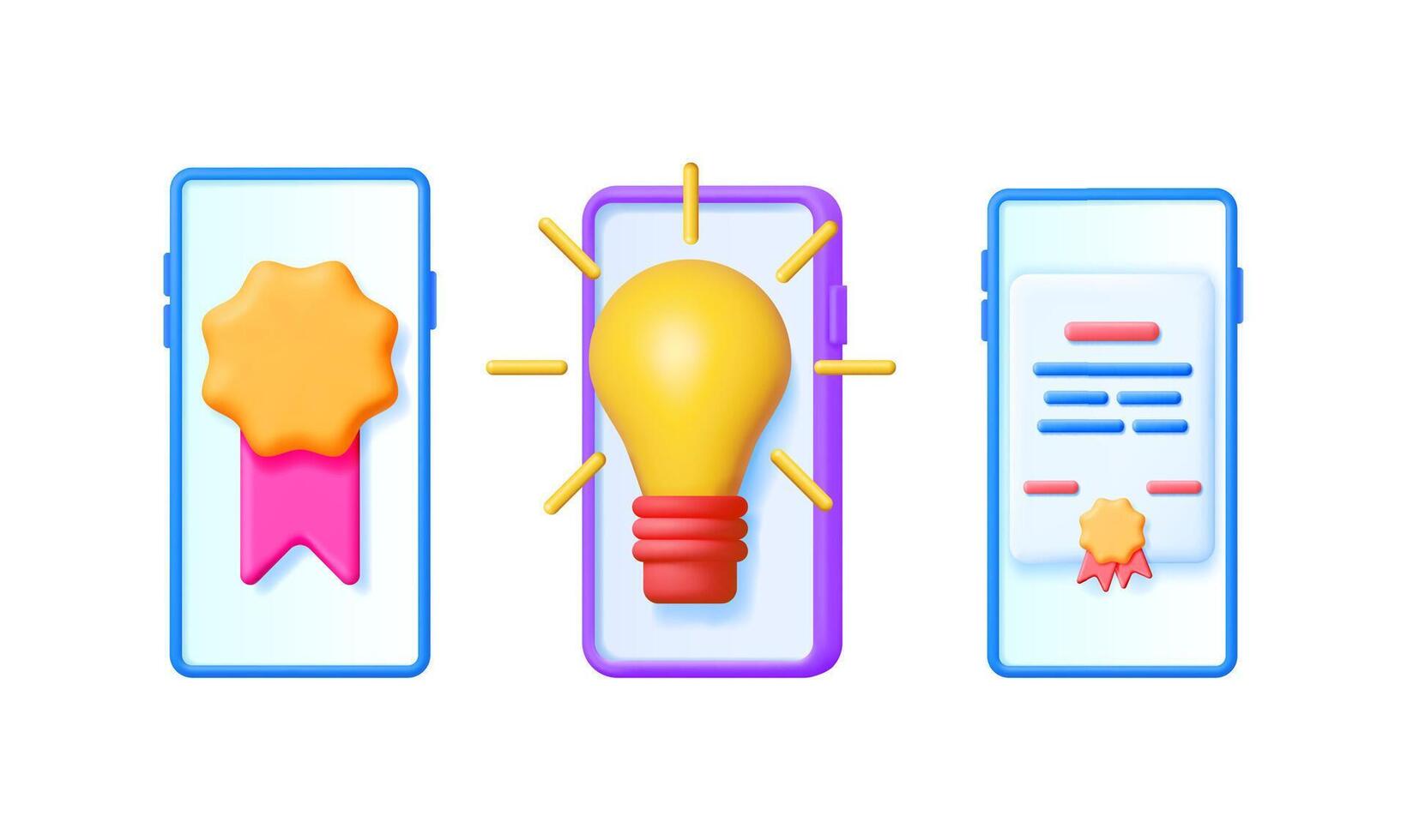 Set of 3d illustrations of phone applications with medal, lightbulb, and document icons. Digital technology for business idea. vector