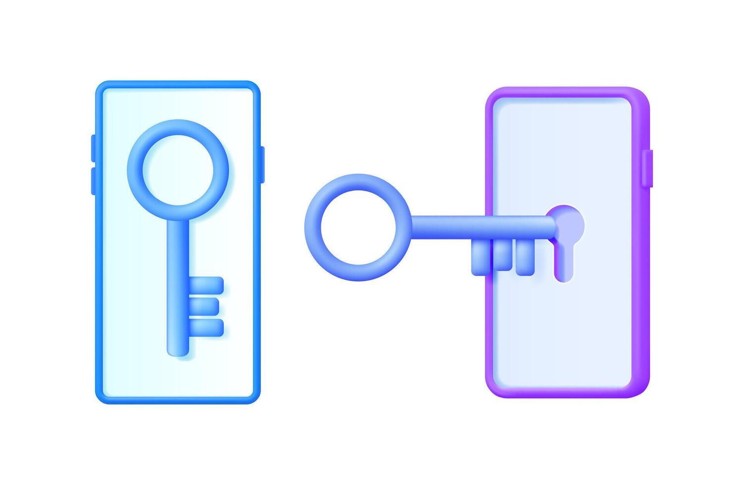 Key going into phone screen to open it. Mobile phone protection concept for digital security. Internet password solution design. vector