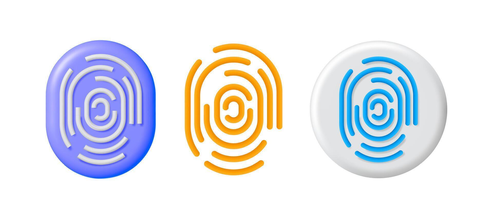 Three set of 3d fingerprint icons for secure digital authentication. Biometric identity access technology. Colorful web security symbols. vector