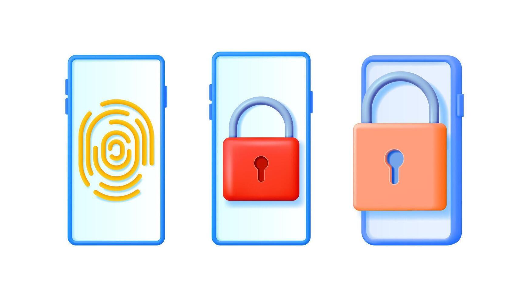 Three smartphone screens with authentication symbols. Fingerprint scan, red padlock, and orange padlock illustrate secure mobile access concept. vector