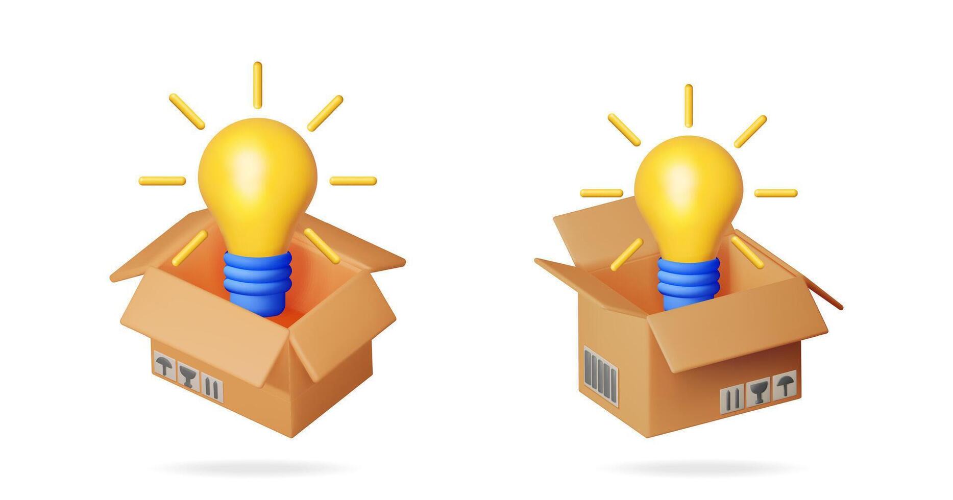Yellow glowing light bulb emerges from a brown cardboard box. Surprise new idea concept, thinking outside the box, innovation. vector