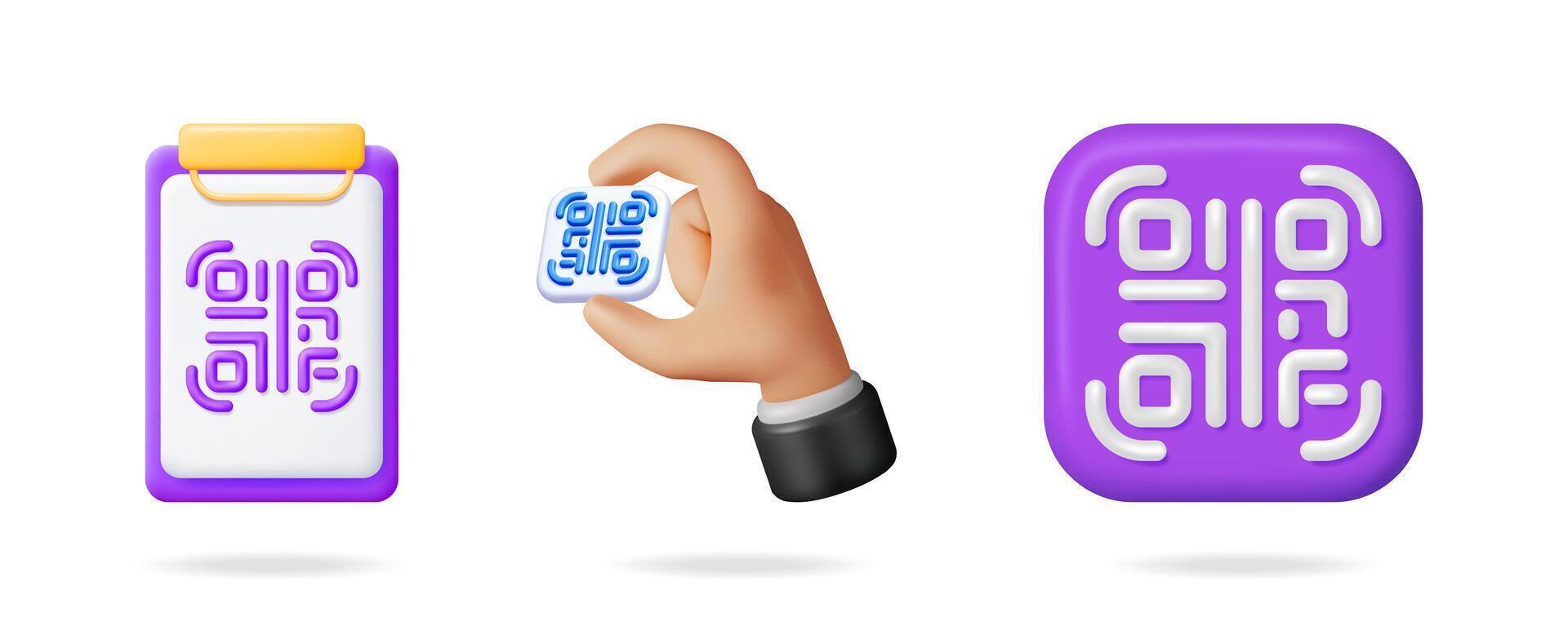 Hand holding a unique QR code in a 3D illustration set. Digital identification and data capture concept for modern applications. vector